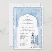 ライトブルーの水彩アーチフレーム シク教の結婚式 招待状 (正面)