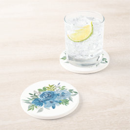 ライトブルーの水彩バラ コースター