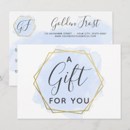 ライトブルーの水彩及び金ゴールドギフト証明書カード 招待状