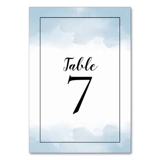 ライトブルーの水彩黒文字結婚の テーブルナンバー (正面)