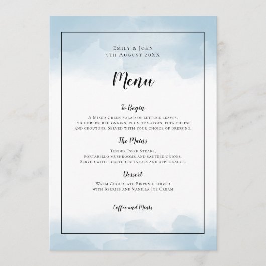 ライトブルーの水彩黒文字結婚の メニュー (正面)