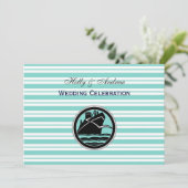 ライトブルーの白のストライプの海軍船舶スタイルのウェディングドレス 招待状 (スタンド正面)