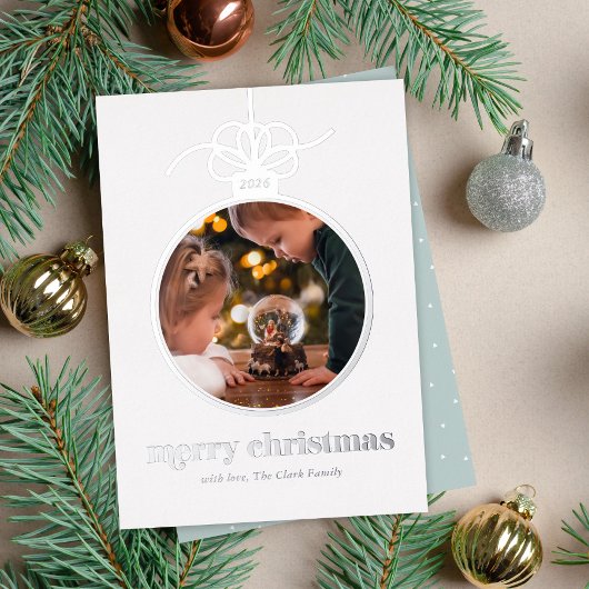 ライトブルーの祭りのようなクリスマスのオーナメントの写真 箔シーズンカード