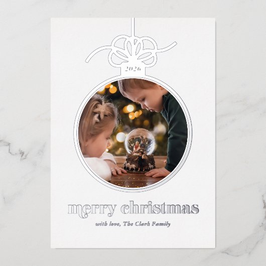 ライトブルーの祭りのようなクリスマスのオーナメントの写真 箔シーズンカード (正面)