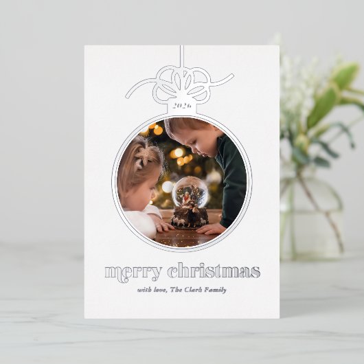 ライトブルーの祭りのようなクリスマスのオーナメントの写真 箔シーズンカード (立ち正面)