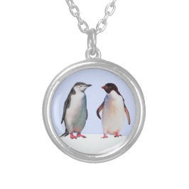 ライトブルーの美しいペンギンの鳥カップル シルバープレートネックレス