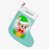 ライトブルーの背景にモダンでかわいいクリスマスのエルフ ラージクリスマスストッキング (正面 (吊り時))