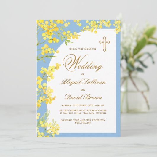 ライトブルーの背景に黄色の花の宗教的な結婚式 招待状 (スタンド正面)