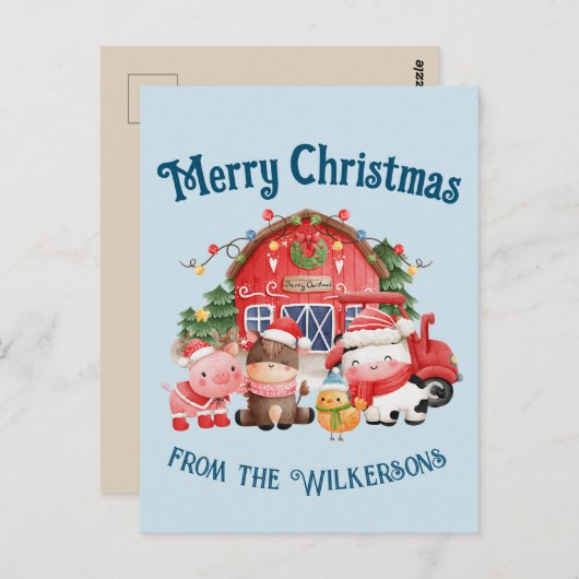 ライトブルーの背景のクリスマスファーム動物 ポストカード (正面/裏面)