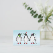 ライトブルーの背景の3羽のクリスマス・ペンギン 名刺 (スタンド正面)