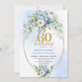 ライトブルーの芍薬とユーカリのゴールドの60歳の誕生日  招待状 (正面)