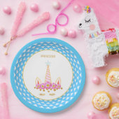 ライトブルーの花と金ゴールド紙吹雪付きユニコーン ペーパープレート (パーティー)