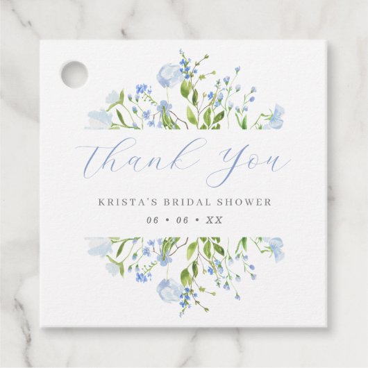 ライトブルーの花のウェディングシャワー感謝カード フェイバータグ (正面)