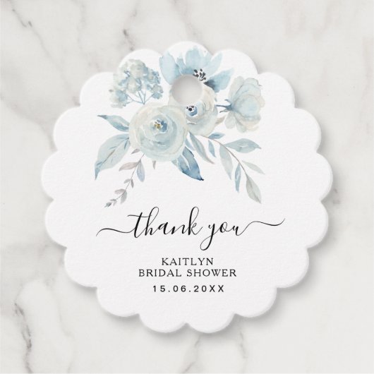 ライトブルーの花ブライダルシャワーメッセージカード フェイバータグ (正面)