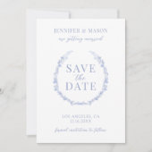 ライトブルーの花日付の写真の招待状を保存 招待状 (正面)