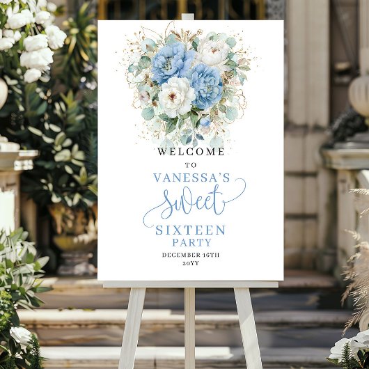 ライトブルーの花柄グリーンが爽やかなSweet 16ウェルカムサイン ポスター