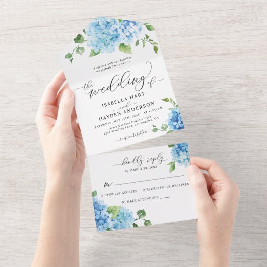 ライトブルーの花柄ハイドランジア ボホウェディング オールインワン招待状 (貼ってはがせる)