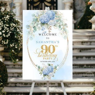 ライトブルーの花柄ユーカリ90歳の誕生日ウェルカムメッセージ ポスター