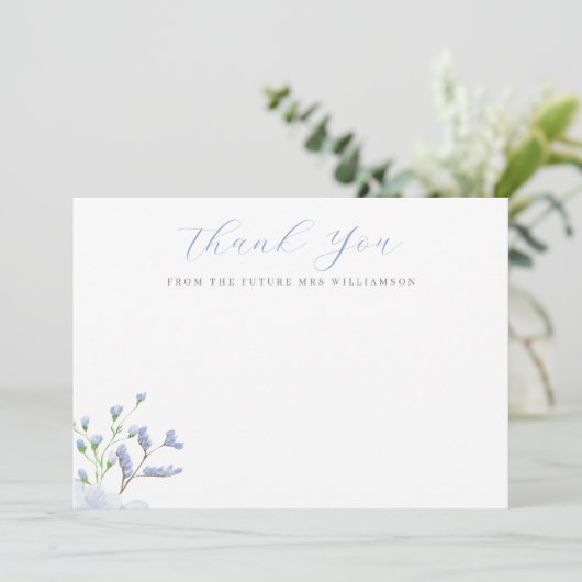 ライトブルーの花柄 ブライダルシャワーのフラットカード サンキューカード (スタンド正面)