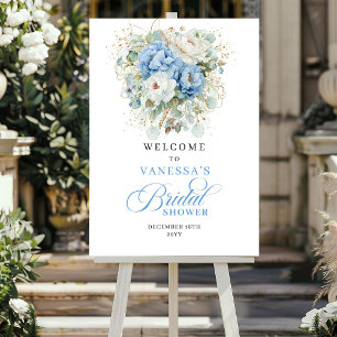 ライトブルーの花模様のゴールドのウェディングシャワーのご案内です ポスター