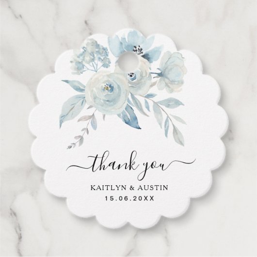 ライトブルーの花結婚式の引き出物ラベル フェイバータグ (正面)