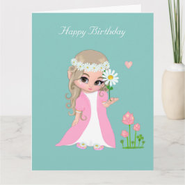 ライトブルーの誕生日に花を飾ったかわいい妖精の女の子 カード