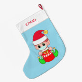 ライトブルーの顔マスク付きクリスマス小妖精や小人 ラージクリスマスストッキング (裏面 (吊り時))