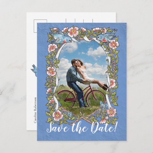 ライトブルーの鳥のフローラ結婚写真の救日付 案内ポストカード (正面/裏面)