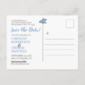 ライトブルーの鳥のフローラ結婚写真の救日付 案内ポストカード (裏面)