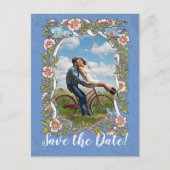ライトブルーの鳥のフローラ結婚写真の救日付 案内ポストカード (正面)