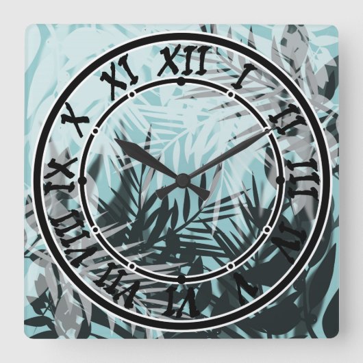 ライトブルーの黒い熱帯パターン スクエア壁時計 (正面)