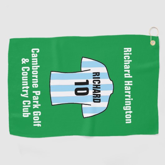 ライトブルーまたはスカイブルーのサッカーシャストライプツ ゴルフタオル (横)