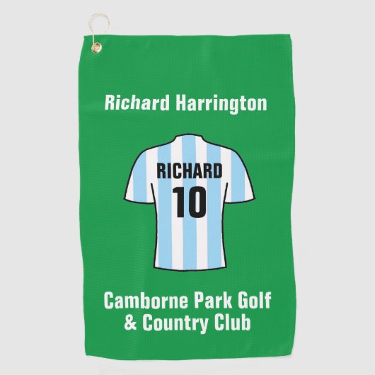 ライトブルーまたはスカイブルーのサッカーシャストライプツ ゴルフタオル (正面)