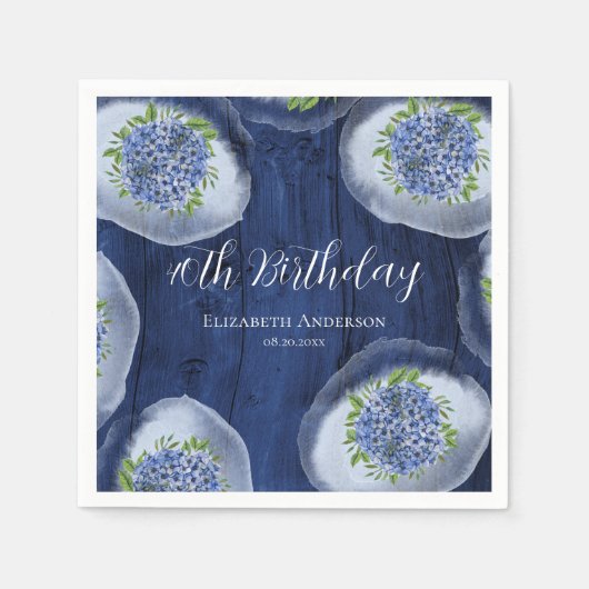 ライトブルーアジサイ材40th誕生日パーティー スタンダードカクテルナプキン (正面)