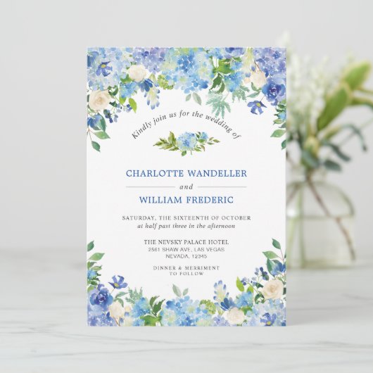 ライトブルーアジサイ緑の水の色結婚の設定 招待状 (スタンド正面)