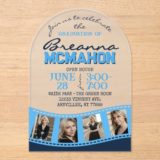 ライトブルーアーチ卒業フォトフィルムストリップ曇り アクリル招待状 (正面)