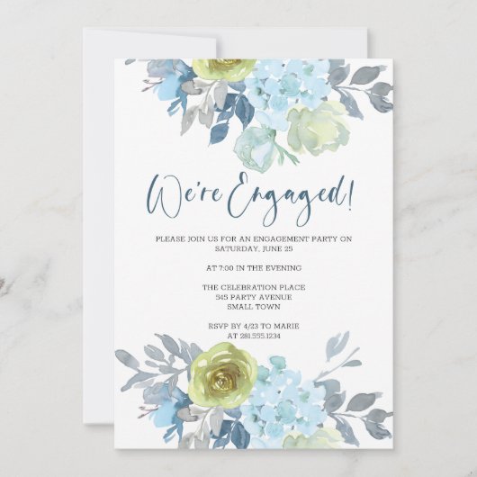 ライトブルーイエローグリーンフローラ婚約パーティ 招待状 (正面)