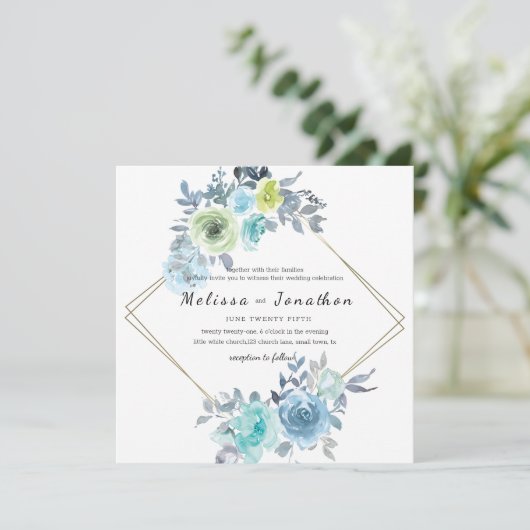 ライトブルーイエローグリーンフローラ結婚式招待状 (スタンド正面)
