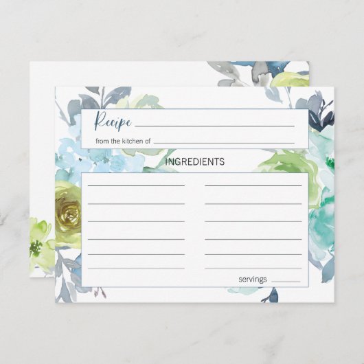 ライトブルーイエローグリーン結婚フローラレシピカード ノートカード (正面/裏面)