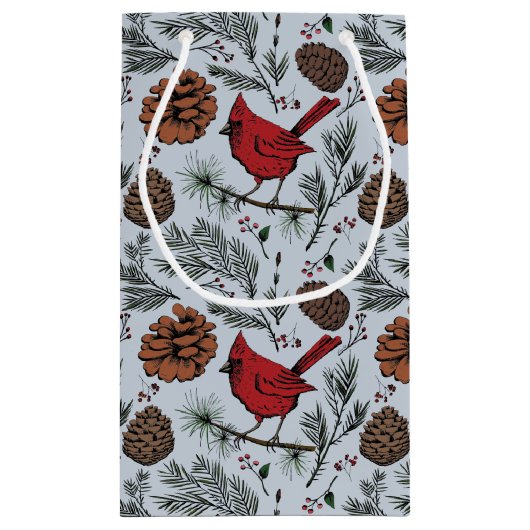 ライトブルーウィンターパーチッド赤(鳥)ショウジョウコウカンチョウ&パインコーン スモールペーパーバッグ (裏面)