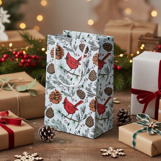 ライトブルーウィンターパーチッド赤（鳥）ショウジョウコウカンチョウ&パインコーン スモールペーパーバッグ