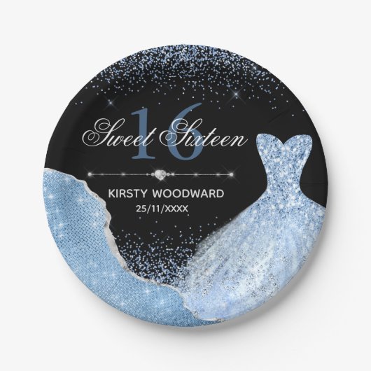 ライトブルーウォーターカラードレススイート16誕生日 ペーパープレート (正面)