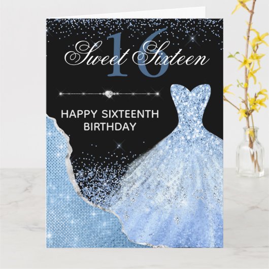 ライトブルーウォーターカラードレススウィート16誕生日 カード (黄色い花)