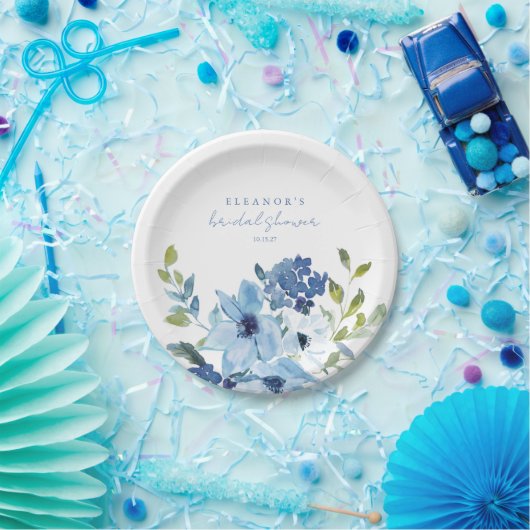 ライトブルーウォーターカラーフローラブライダルシャワーカスタム ペーパープレート (パーティー)