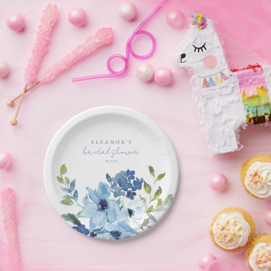 ライトブルーウォーターカラーフローラブライダルシャワーカスタム ペーパープレート (パーティー)