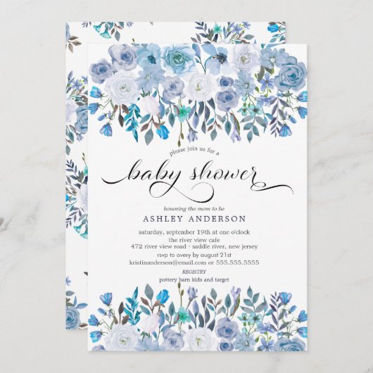 ライトブルーウォーターカラーフローラベビーシャワー 招待状 (正面/裏面)