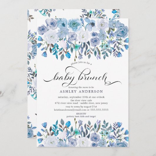 ライトブルーウォーターカラーフローラベビーブランチ 招待状 (正面/裏面)
