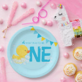 ライトブルーウォーターカラーラバーダックONE 1st誕生日 ペーパープレート (パーティー)
