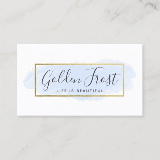 ライトブルーウォーターカラー&モダン金ゴールドジオメトリックシック 名刺 (正面)