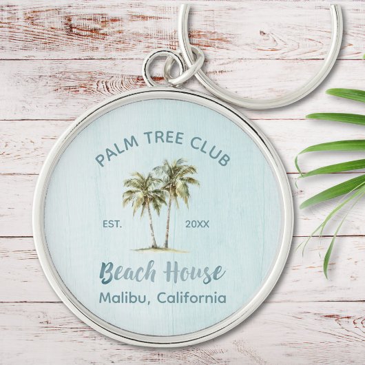 ライトブルーウッドパームツリーズモダンビーチハウス キーホルダー